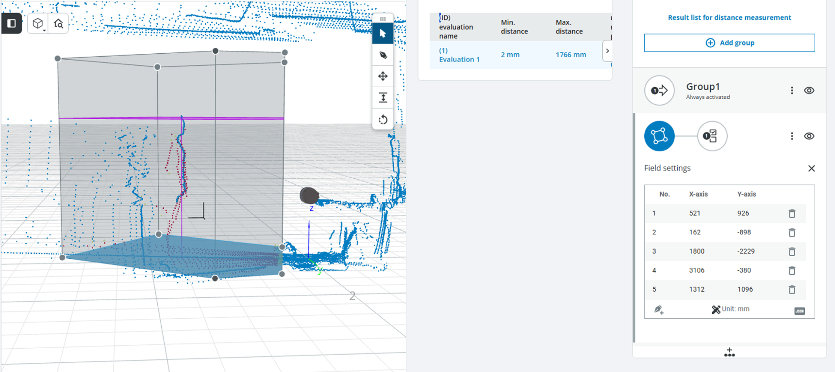 SOPASair perpendicular-distance evaluation with a 3D measuring field around a person and a maximum distance of 1766 mm