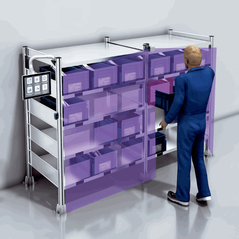 Shelf with a LiDAR light curtain in front of the compartments