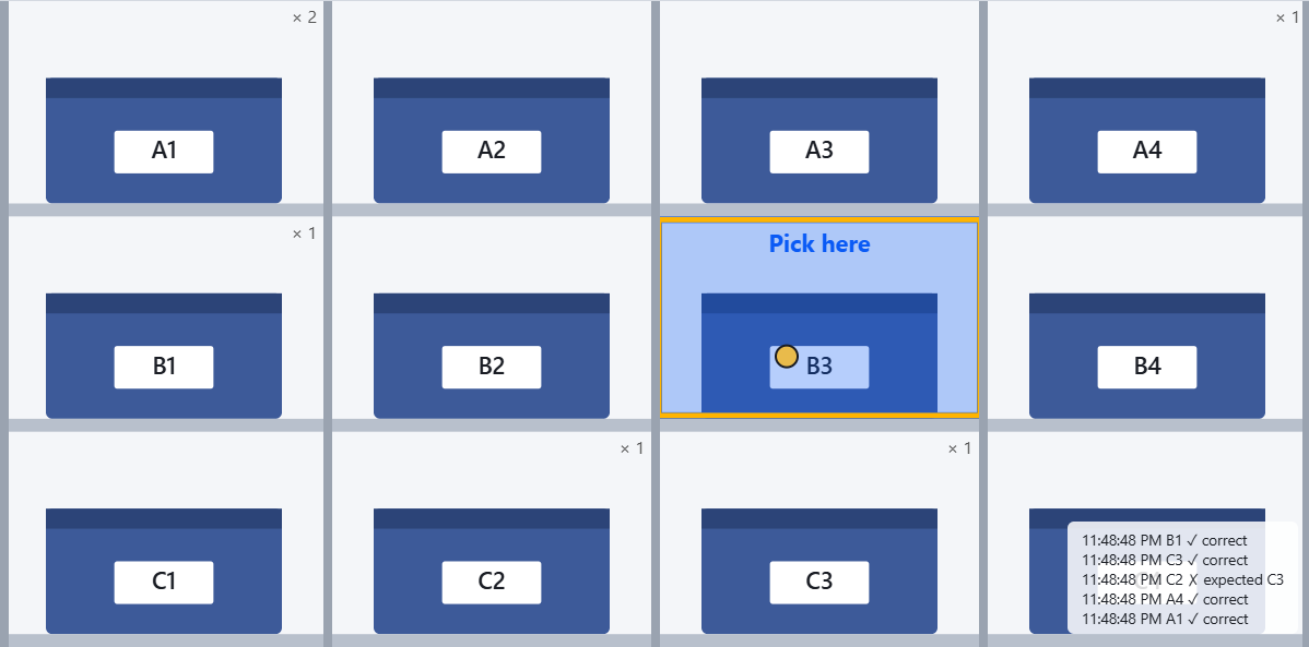 Browser shelf with pick-to-light target and live pen position