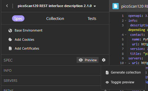 Insomnia Spec tab settings menu with the Generate Collection action