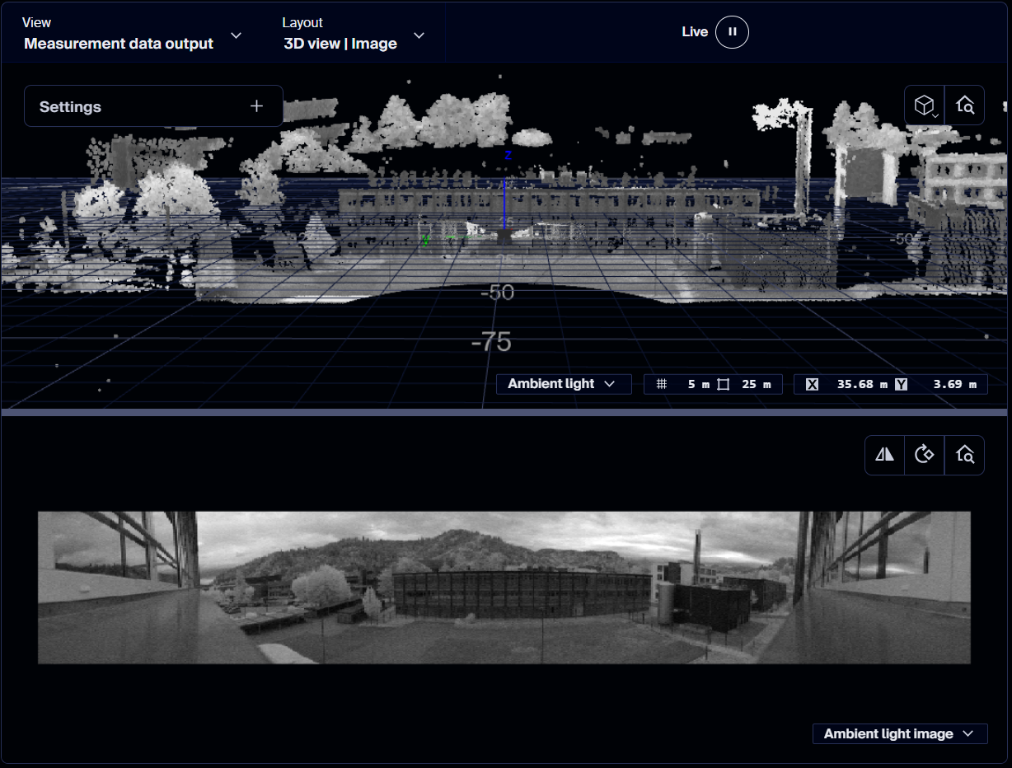 multiScan270 SOPASair view showing a 3D point cloud above a grayscale ambient-light image of the outdoor scene
