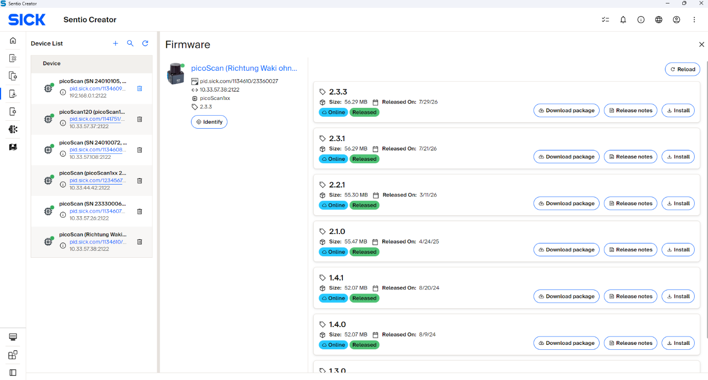 Firmware update in Sentio Creator