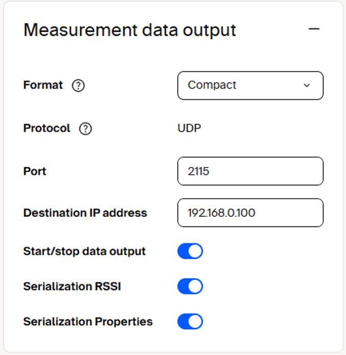 SOPASair measurement data output set to Compact over UDP, port 2115, destination 192.168.0.100, with data output, RSSI, and properties enabled