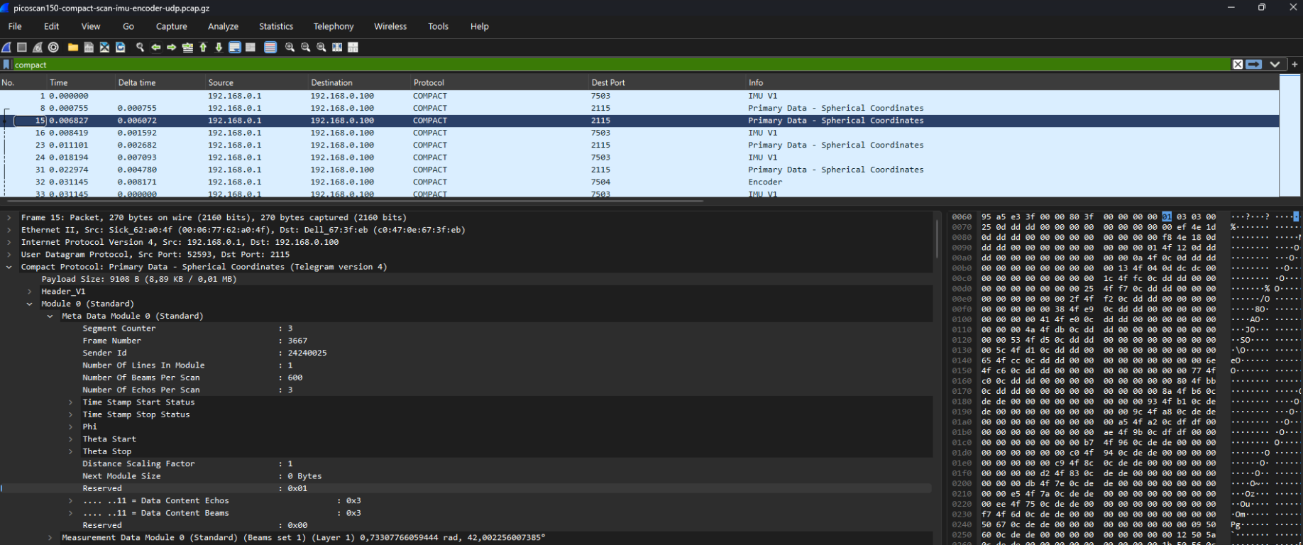 Wireshark with the compact display filter and an expanded Compact measurement-data packet showing scan metadata