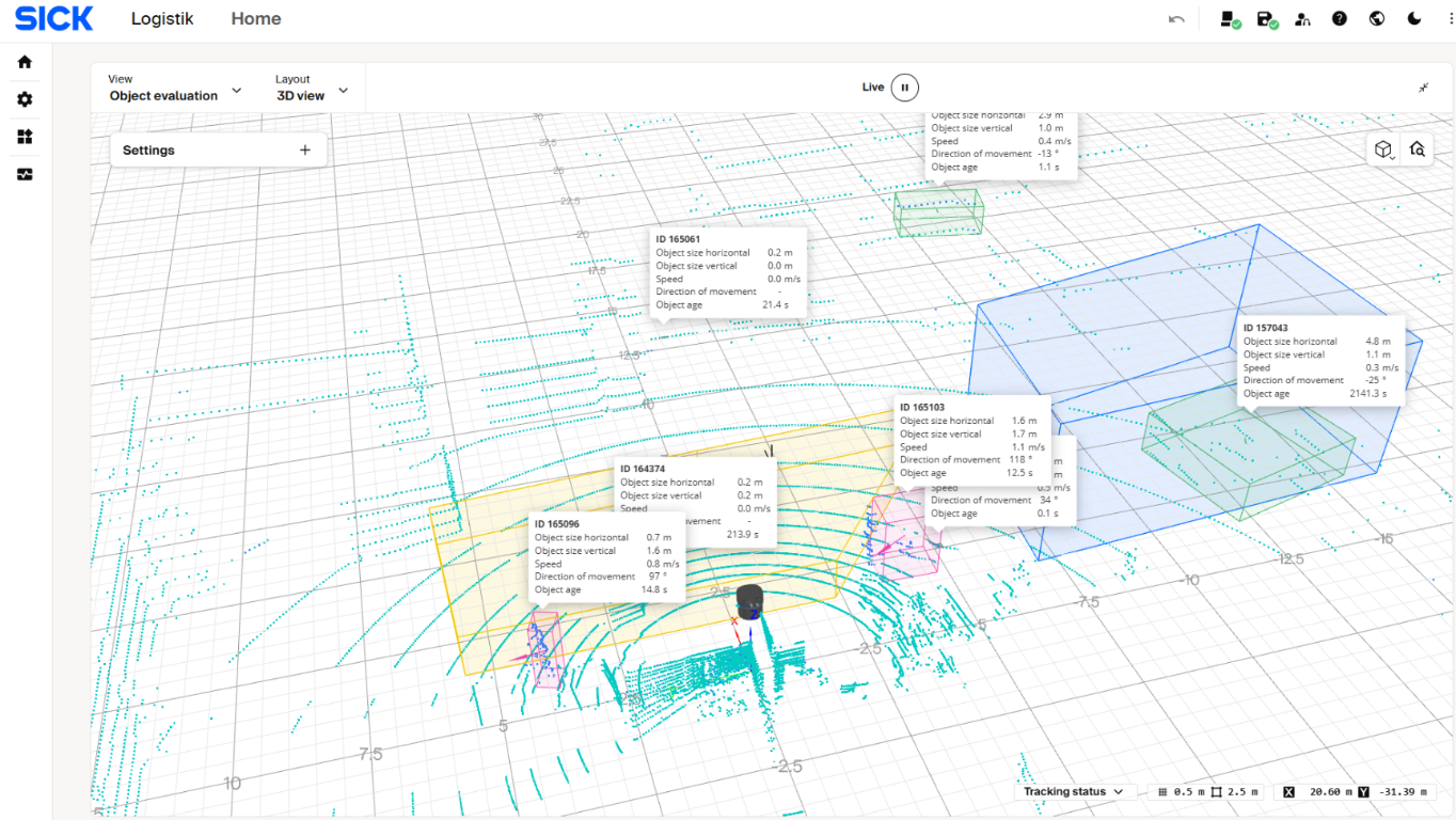 SOPASair Object Evaluation view with tracked objects and their properties