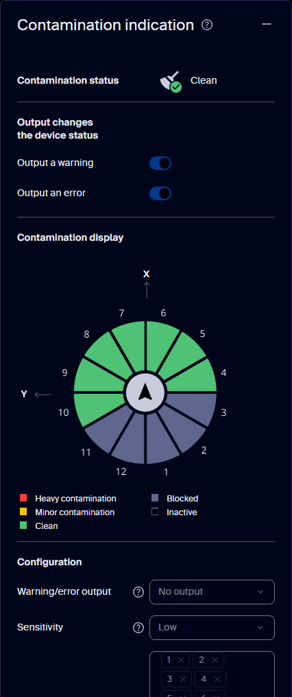 SOPASair contamination indication tile with status, sector display, and configuration settings
