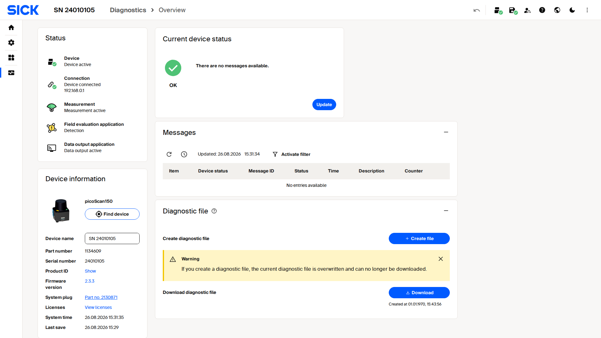 Diagnostics overview screen
