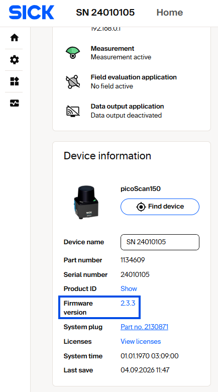 SOPASair Home page with firmware version