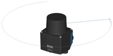 picoScan150 with a blue beam sweeping its 276-degree scan plane and fading wall hit points