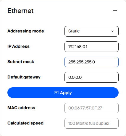 Ethernet settings in the web interface