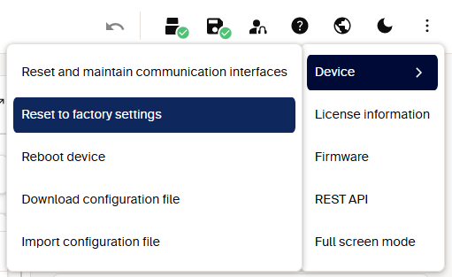 SOPASair Device submenu showing reset options with and without retaining communication interfaces