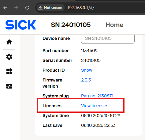 Device overview with the View licenses link highlighted.