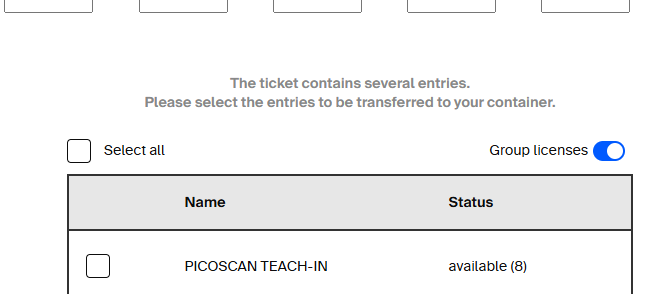 License ticket selection screen with selectable entries and group licenses option.