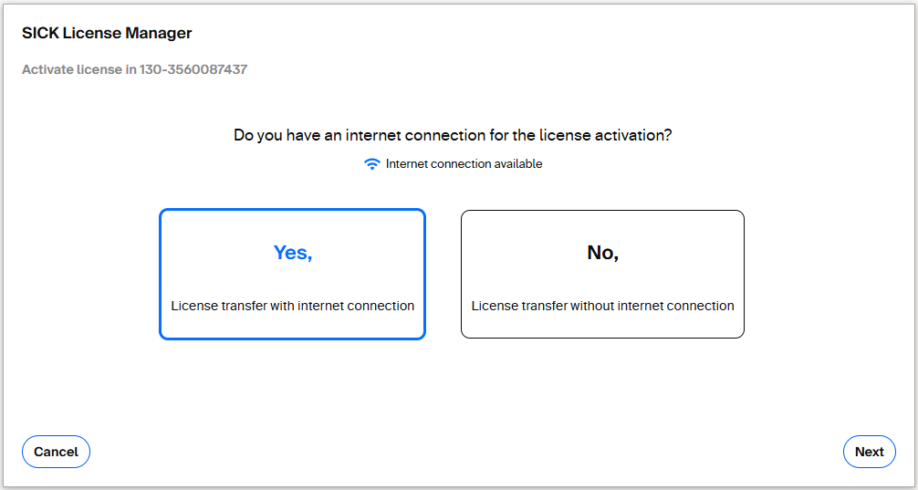 License Manager asks whether an internet connection is available for license activation.
