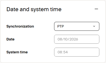Date and system time settings with PTP selected