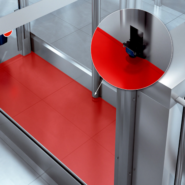 Security access gate with a red detection area and an inset showing the mounted LiDAR sensor