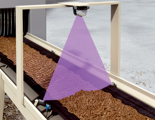 LiDAR mounted above a conveyor belt carrying woodchips, with the scan area highlighted in purple