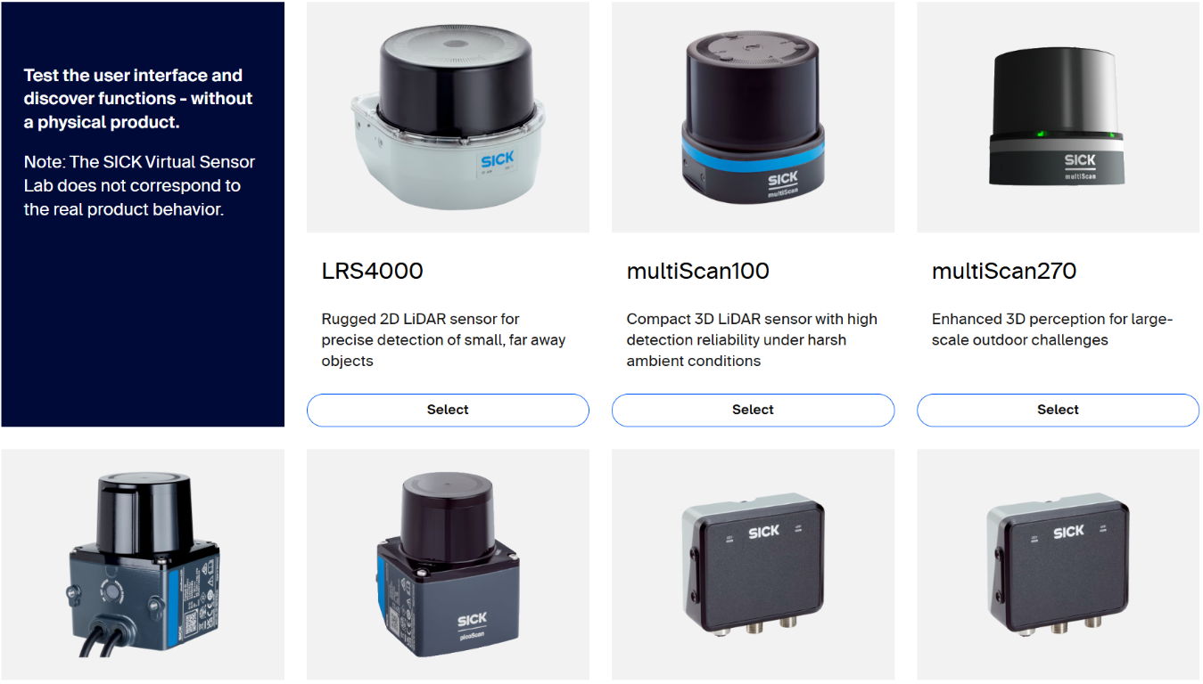SICK Virtual Sensor Lab LiDAR product selection