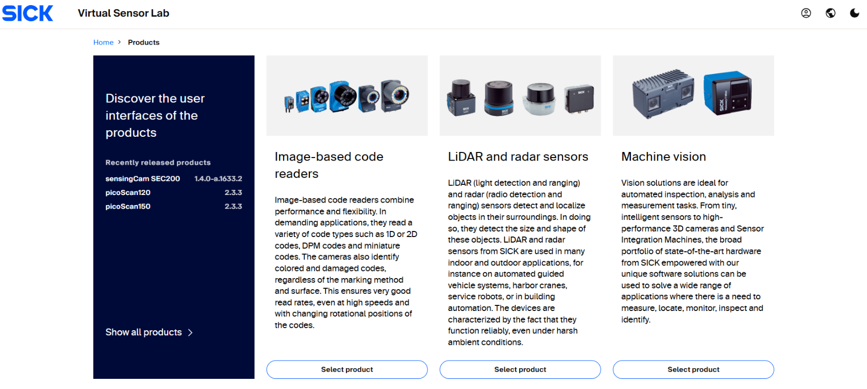 SICK Virtual Sensor Lab homepage