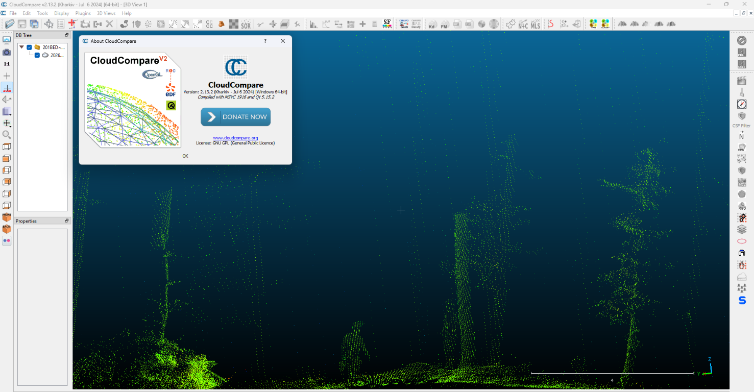 CloudCompare 2.13.2 displaying a green LiDAR point cloud with the About CloudCompare dialog open